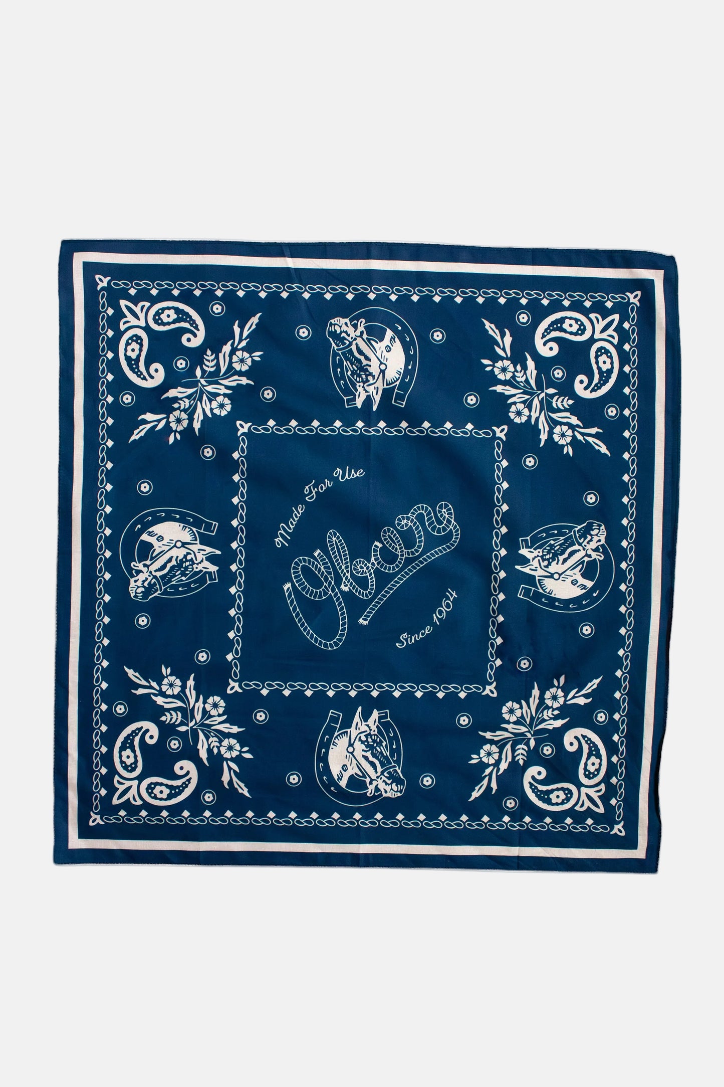 Navy blue bandana with white patterns and text on a white background